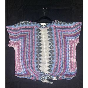 Love, Fire Womens Lightweight Colorful Print Twist Front Short Sleeve Top Size M